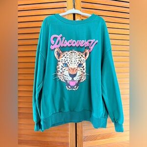 SHEIN Teal Sweatshirt with Leopard Graphic and Pink "Discovery" Text